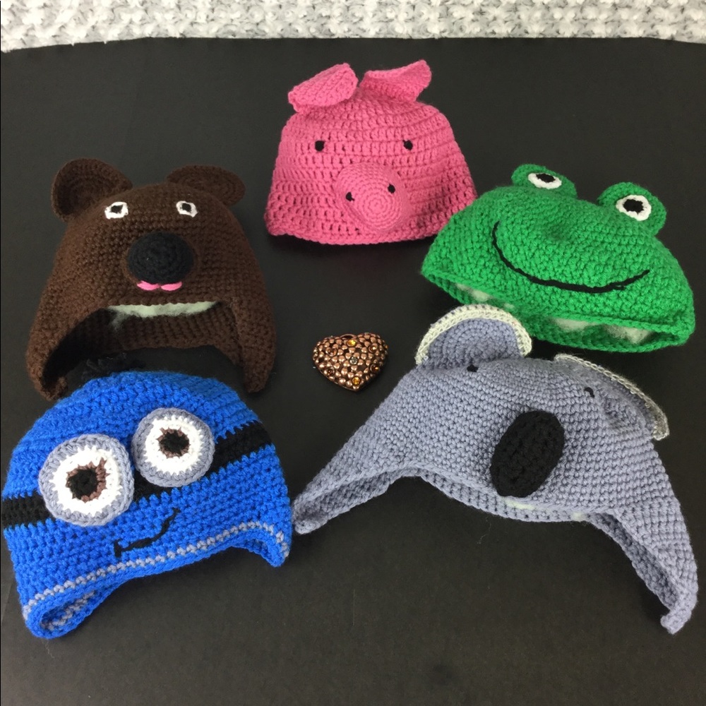 Handmade crochet animal hats.